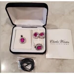Charles Winston Collection CZ & Ruby Silver Earrings Necklace Ring Vintage Set